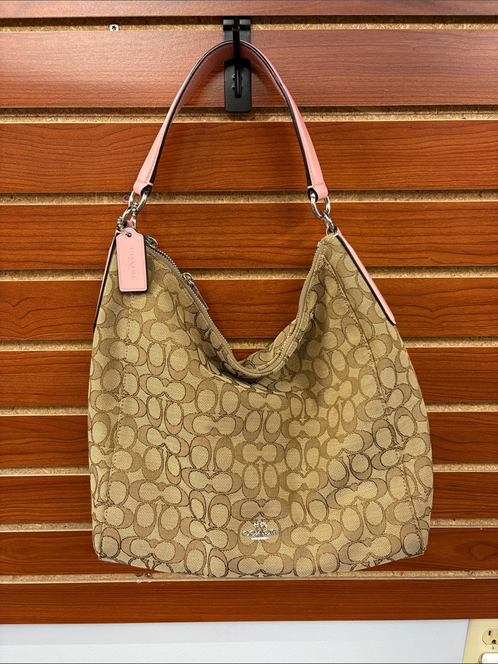Coach Signature Canvas Hobo with Pink Trim F58327